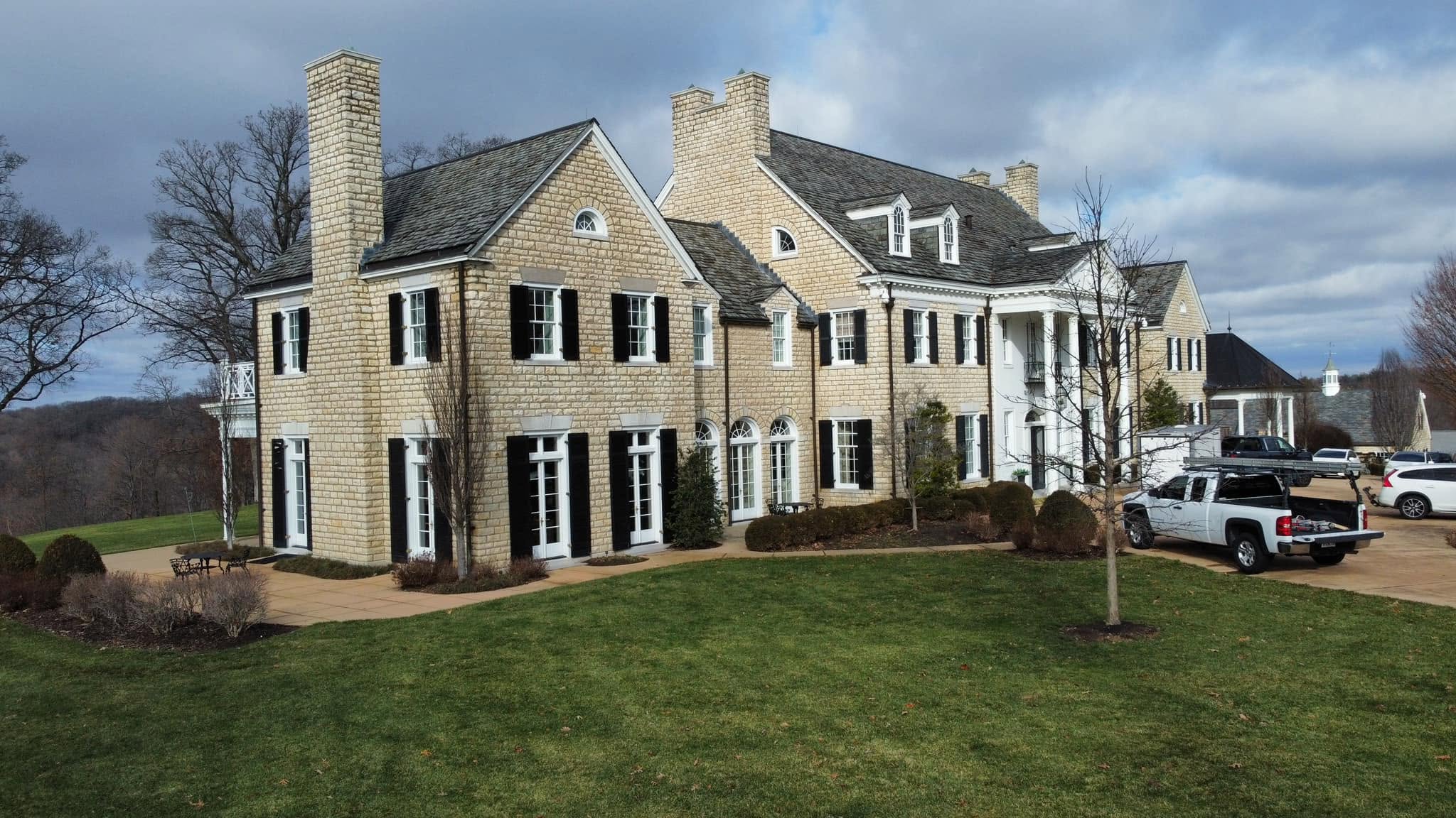 Completed roof on a stone estate home